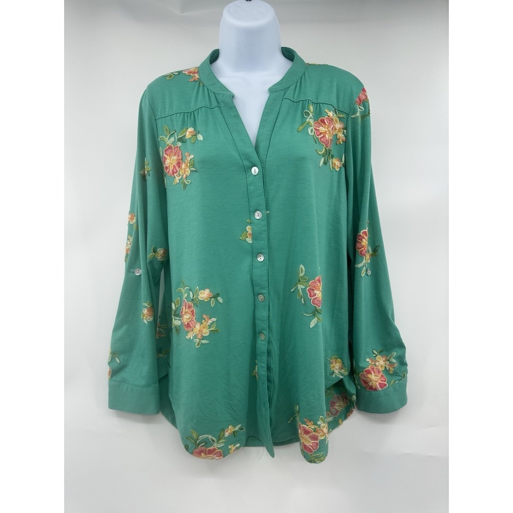 Anthropologie Olive Hill Turquoise  Embroidered Medium Button Down‎ Women's